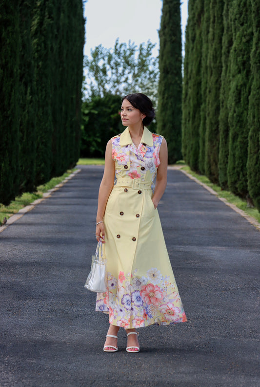 Marianas- Elegant floral sleeveless trench dress